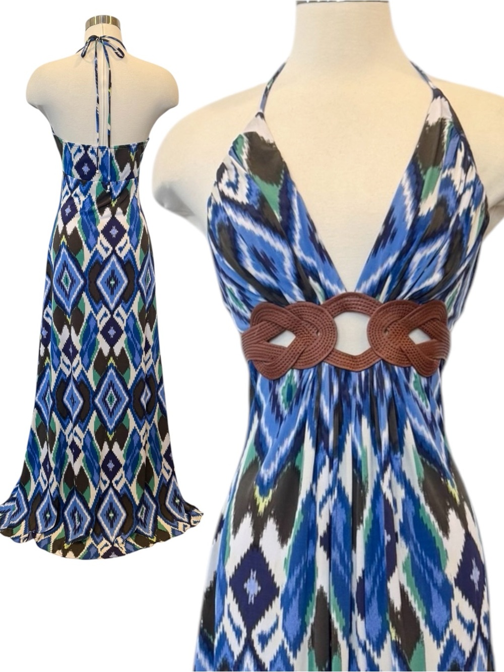 SKY IKAT Blue Brown Leather Braid Belt Keyhole Halter Maxi Gown Slip Dress NWOT - Picture 1 of 11